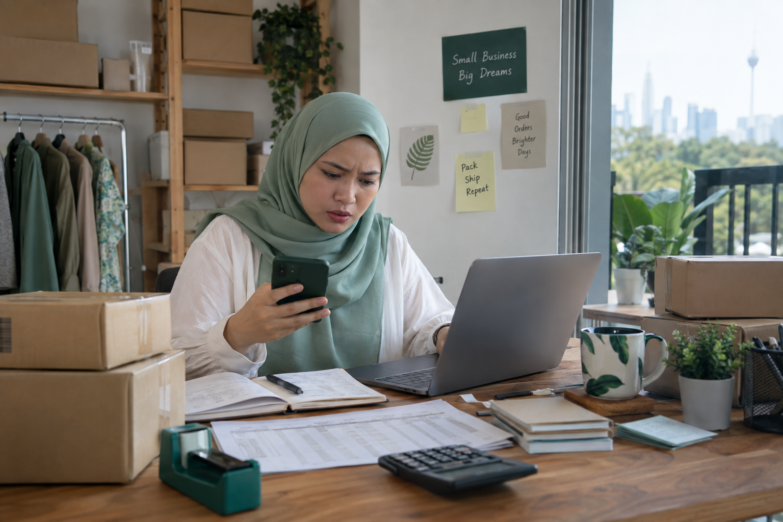 Owner bisnes mengurus chat, pesanan dan spreadsheet secara manual