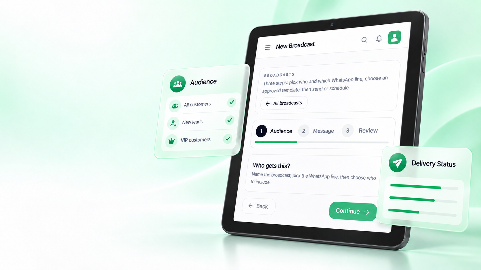 Broadcast builder Terasetia dengan audience dan delivery status