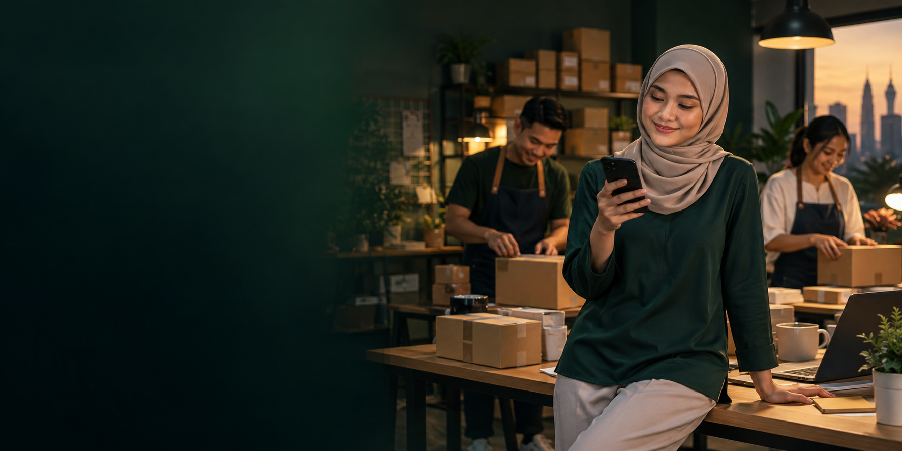 Owner bisnes mengurus sales melalui telefon sementara team memproses order