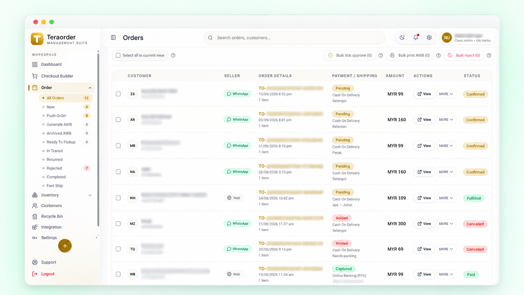 Senarai order sebenar dalam TeraOrder dengan sumber WhatsApp, pembayaran dan status pesanan